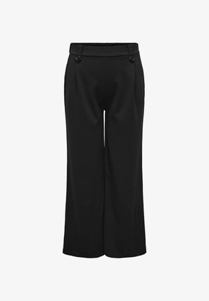 Sorte bredde-ben bukser med en glat tekstur, der har en båndet talje, to dekorative knapper og sidelommer.