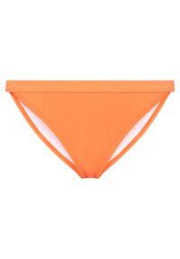 Oranžni bikini spodnji del iz gladkega materiala, ki se ponaša z minimalističnim dizajnom, nizkim krojem in brez okrasnih elementov.