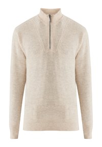 Beige stickad tröja med hög krage, featuring en halv dragkedja och vertikal ribbad struktur. Designen är enkel och klassisk i stil.