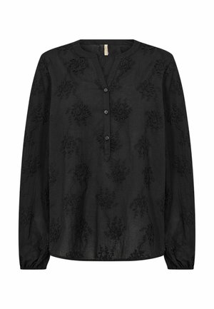 Blusa negra de manga larga con cuello redondo, que presenta un bordado floral intrincado y detalle de botones, confeccionada con tela ligera.