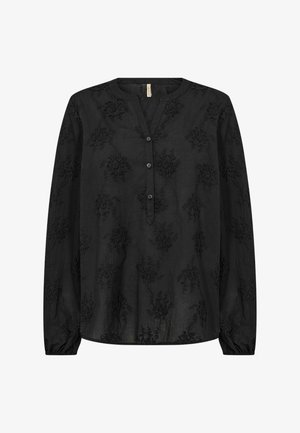 Musta pitkähiha pusero pyöreällä kaula-aukolla, jossa on yksityiskohtaisia kukkaompeleita ja napillinen koriste, valmistettu kevyestä kankaasta.