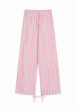 Rosa og hvite rutete vide bukser med elastisk midje og snorer ved midjen og kanten for justerbar passform.
