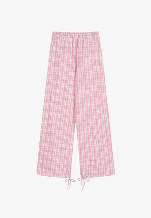 Růžové a bílé kostkované kalhoty se širokými nohavicemi, elastickým pasem a šňůrkami v pase i na lemu pro nastavitelnou velikost.
