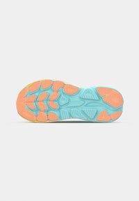 Shoe sole featuring a multi-color design with teal, orange, and yellow accents. Textured pattern for traction and stability in various terrains.