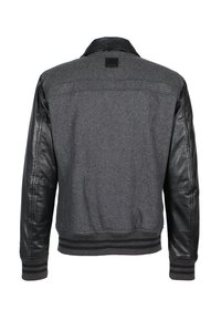 Gray wool and black leather jacket with a ribbed hem and cuffs. Features a classic collar and subtle stitching details.
