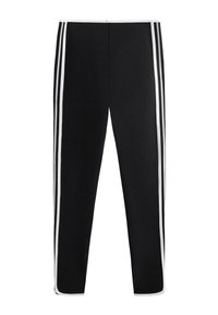 Black athletic pants with white side stripes, fitted design, elastic waistband, and hemmed cuffs. Smooth texture, suitable for sports or casual wear.
