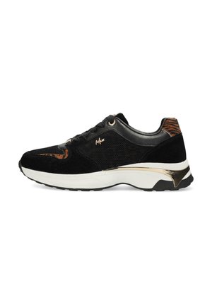 Black athletic shoe with suede and mesh materials, featuring gold accents, a patterned heel, and a white midsole. Rubber outsole with traction.