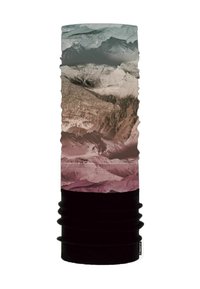 Tubo para cuello con un diseño multicolor de montañas en tonos de gris y rosa, con una sección inferior negra y textura gathered.