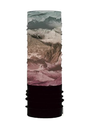 Tubo para cuello con un diseño multicolor de montañas en tonos de gris y rosa, con una sección inferior negra y textura gathered.