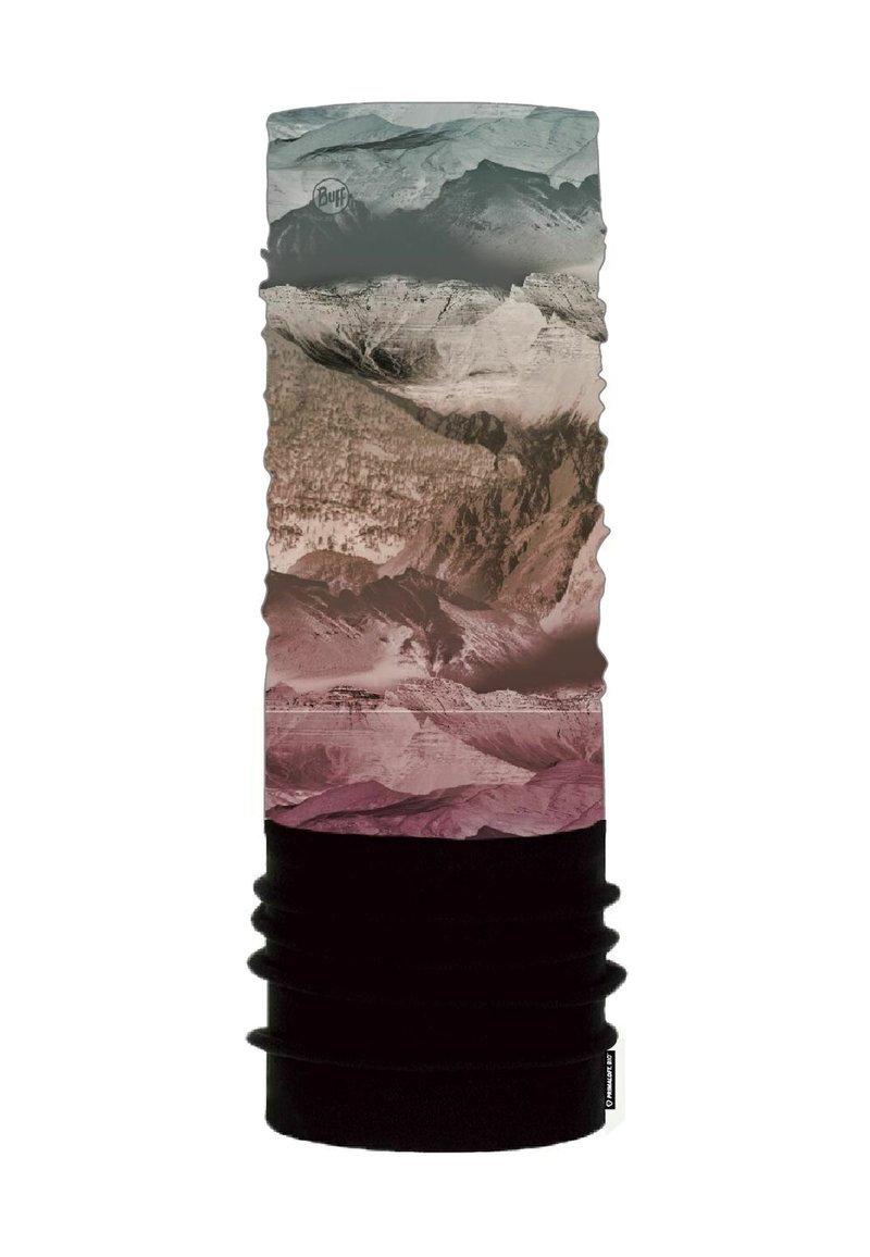 Tubo para cuello con un diseño multicolor de montañas en tonos de gris y rosa, con una sección inferior negra y textura gathered.