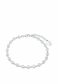 Bracciale argento con anelli circolari decorati con cristalli trasparenti, chiusura a granchio e catena estensibile per la regolazione della misura.