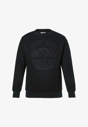 Sweatshirt noir en tissu texturé, avec un logo graphique en relief "MOUNT ROYAL" accompagné d'accents de feuilles sur la poitrine et des poignets côtelés.