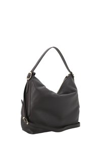 Borsa a spalla in pelle marrone scuro con una forma morbida e floscia, dotata di un manico singolo in alto e di un'apertura con zip per un facile accesso.