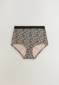 Högmidjade trosor designade med ett leopardmönster i beige och svart, med en svart spetsresår och släta kanter.