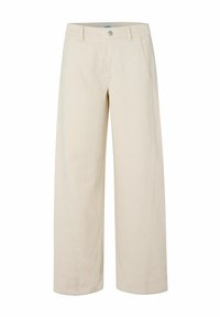 Pantalons beige à jambes larges en tissu texturé, avec une fermeture à boutons à l'avant et des poches latérales. Coupe droite avec des lignes nettes.