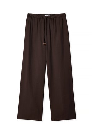 Wide-leg trousers in dark brown, made from soft fabric. Features an elastic waistband with a drawstring and wooden bead accents.