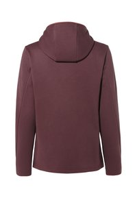 Bordeauxrode hoodie met een grote, gestructureerde kap, lange mouwen en een zachte textuur. Heeft een schone achterkant en een ronde zoom.