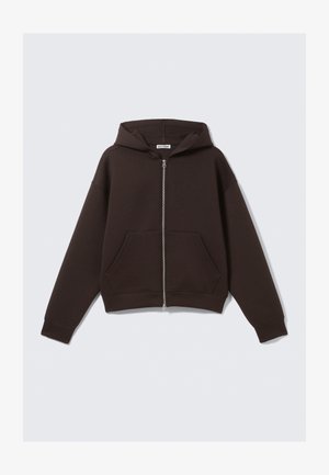 Dark brown zip-up hoodie with front pockets and a hood, displayed flat against a white background.