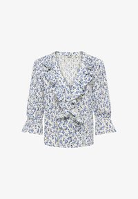 Blusa blanca con estampado floral azul, escote en V con volantes y mangas abullonadas tres cuartos con puños con volantes.