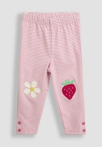 Leggings rosa a righe con vita elasticizzata, adorned with a ricamo di un fiore e una fragola ai lati, con dettagli a bottone alle caviglie.
