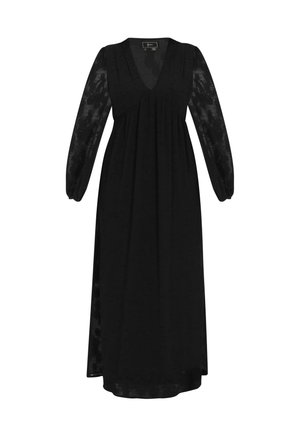 Zwarte maxijurk met een diepe V-hals, lange doorschijnende pofmouwen en geplooide details onder de buste. Glad textiel met een vloeiende silhouet.