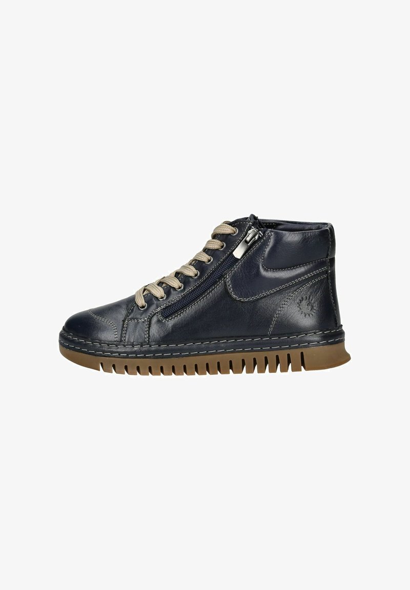 Sneaker alta in pelle blu navy con lacci beige, chiusura laterale con zip e suola in gomma testurizzata con scanalature orizzontali. Presenti dettagli delle cuciture.