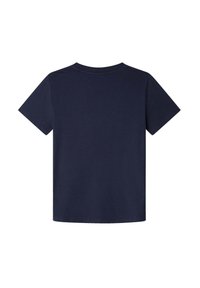Navyblå kortærmet t-shirt lavet af bomuld. Klassisk crew neck design med en glat tekstur og lige kant. Ingen synlig branding eller mønstre.