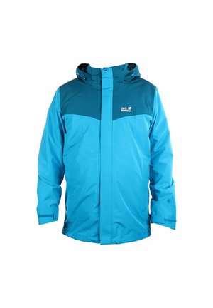 Niebiesko-turkusowa wodoodporna kurtka outdoor z kapturem i zamkiem z przodu, z logo Jack Wolfskin na piersi.
