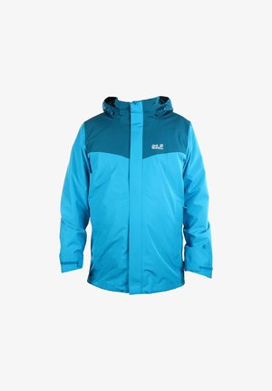 Blauwe en turquoise waterdichte outdoor jas met capuchon en rits aan de voorkant, met Jack Wolfskin-logo op de borst.