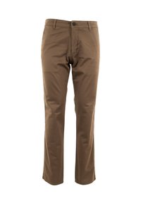 Men’s straight-leg brown trousers with belt loops, button closure, and front pockets, displayed on white background.