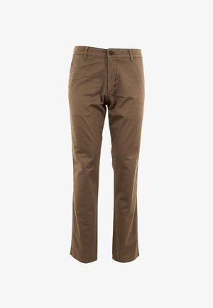 Brune rett benbukser for menn med beltehanker, knappelukking og frontlommer, vist på hvit bakgrunn.