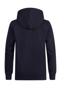Marineblauwe hoodie met een trekkoord-hoed, zachte textuur en geribbelde manchetten. Heeft een eenvoudige achterkant zonder zichtbare logo's of patronen.