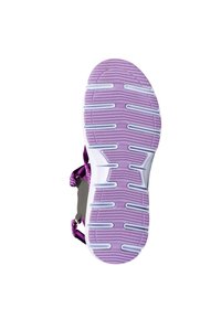 Purple rubber outsole with white accents. Features textured pattern for grip. Multi-colored straps with adjustable fasteners on sides.