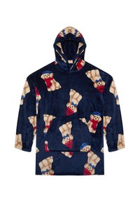 Hanorac din fleece albastru marin cu un model de ursuleț, având o buzunar frontal și glugă. Textură moale și design jucaus cu accente roșii și albastre.