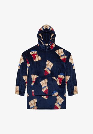 Granatowa polarowa bluza z kapturem w wzór misia, z kieszenią z przodu i kapturem. Miękka struktura i zabawny design z czerwonymi i niebieskimi akcentami.