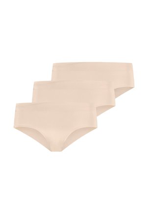 Beige naadloze ondergoed; drie paar met een gladde textuur en een korte snit; geen zichtbare naden of patronen; zachte afwerking van de stof.