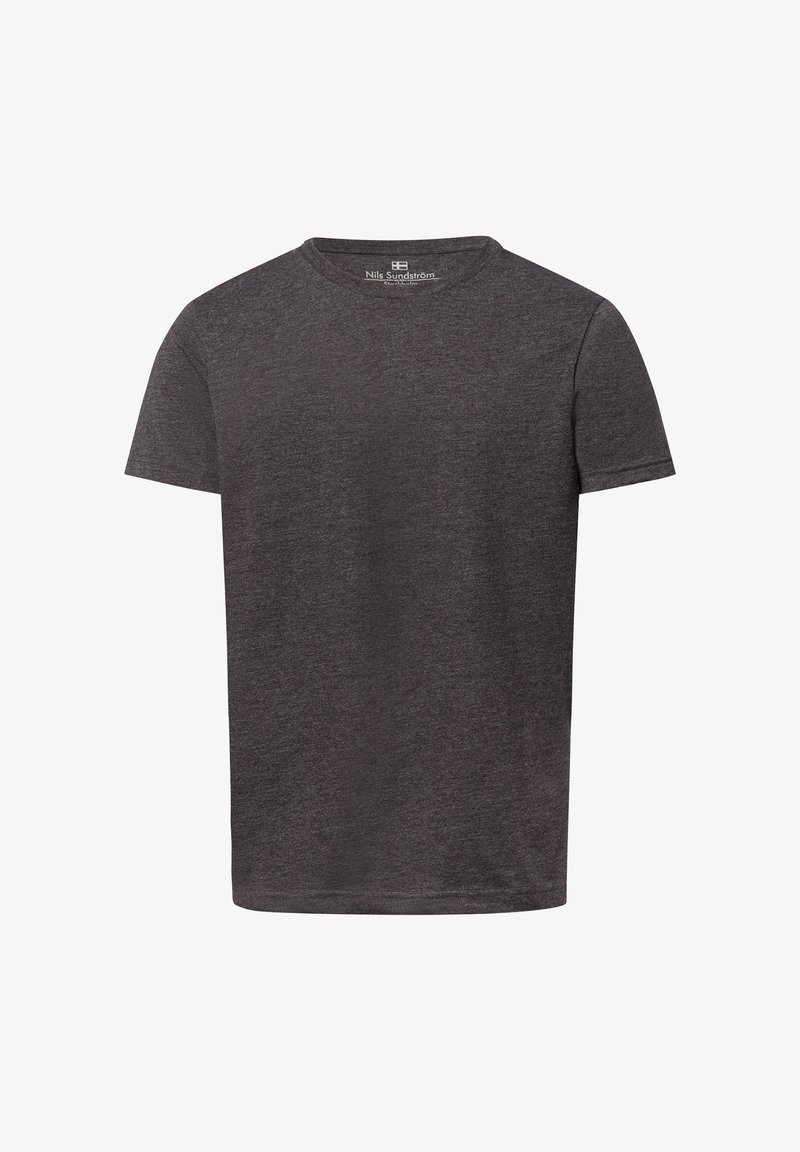 Grauer Baumwoll-T-Shirt mit kurzen Ärmeln und Rundhalsausschnitt, mit feiner Melange-Textur und geradem Saum am unteren Ende.