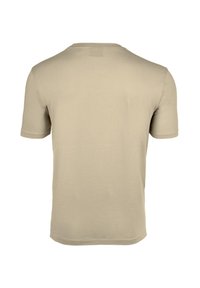 Beige tričko s krátkým rukávem vyrobené z měkké bavlny, s klasickým kulatým výstřihem a hladkou, rovnoměrnou texturou na zadní straně.