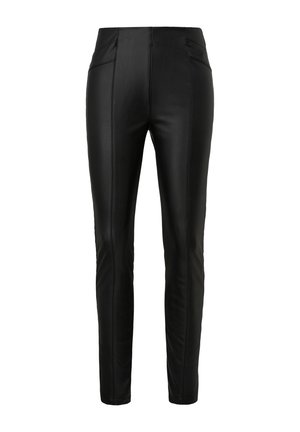 Black high-waist faux leather slim-fit pants with seam detailing and no visible closures, shown on a white background.