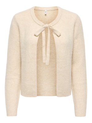 Cardigan beige en maille avec manches longues, poignets et ourlet côtelés, encolure ronde et détail de nœud à nouer à l'avant.