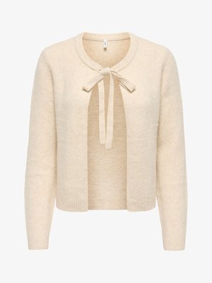 Cardigan beige en maille avec manches longues, poignets et ourlet côtelés, encolure ronde et détail de nœud à nouer à l'avant.