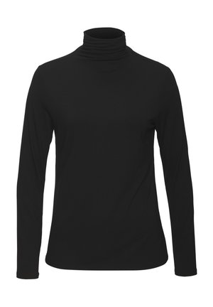 Zwarte lange mouw turtleneck top gemaakt van zachte, rekbare stof; heeft een nauwsluitende pasvorm en een hoge, geplooide halslijn.