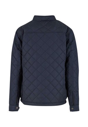 Giacca imbottita blu navy con colletto strutturato, maniche lunghe e polsini con bottone. Presenta un motivo a rombi e nessun hardware visibile.