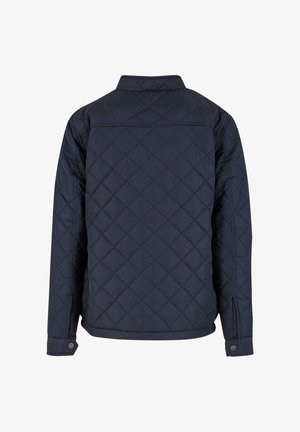 Laivan sininen tikattu takki, jossa on rakenteellinen kaulus, pitkät hihat ja napitettu hihansuu. Ominaisuuksiin kuuluu timanttikuosi ja ei näkyvää metalliosaa.