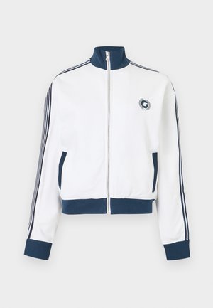 Λευκό αθλητικό μπουφάν με φερμουάρ, με μπλε γιακά, μανσέτες και τελείωμα, μπλε ρίγες στα μανίκια, τσέπες μπροστά και μικρό κυκλικό λογότυπο στο στήθος.