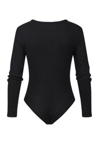 Schwarz gerippter Langarm-Bodysuit mit Rundhalsausschnitt und ausgearbeitetem Rückenteil. Der Stoff hat eine weiche Textur und eine figurbetonte Passform.