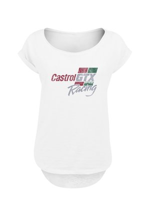 White short-sleeve shirt featuring "Castrol GTX Racing" text in multicolored print with red, green, and gray accents. Soft fabric, loose fit.