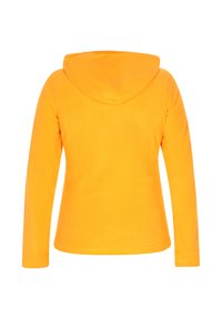 Gelbe Kapuzenjacke mit langen Ärmeln, aus weichem Material. Der Rücken hat eine glatte Textur ohne sichtbare Logos oder Designs.