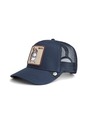 Navy cap with a solid front, mesh sides, and an embroidered patch of a squirrel. Features a curved brim and adjustable back closure.