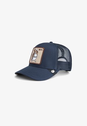 Navy cap with a solid front, mesh sides, and an embroidered patch of a squirrel. Features a curved brim and adjustable back closure.